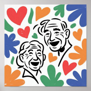 Joyful Elderly Couple Heart Art - Whimsical Love & Poster