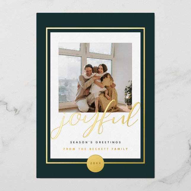 Joyful Elegant Gold Family Photo Foil Holiday Card (Front)