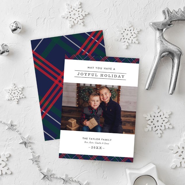 Joyful Elegant Navy Red Green Tartan Plaid Photo Holiday Card (Creator Uploaded)