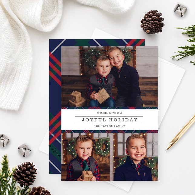Joyful Elegant Navy Tartan Plaid Photo Collage Holiday Card (Creator Uploaded)