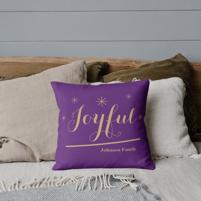 Joyful Elegant Personalised Family Name Purple Cushion (Celebrate a little Christmas Joy with these cheerful purple gold throw pillows.)