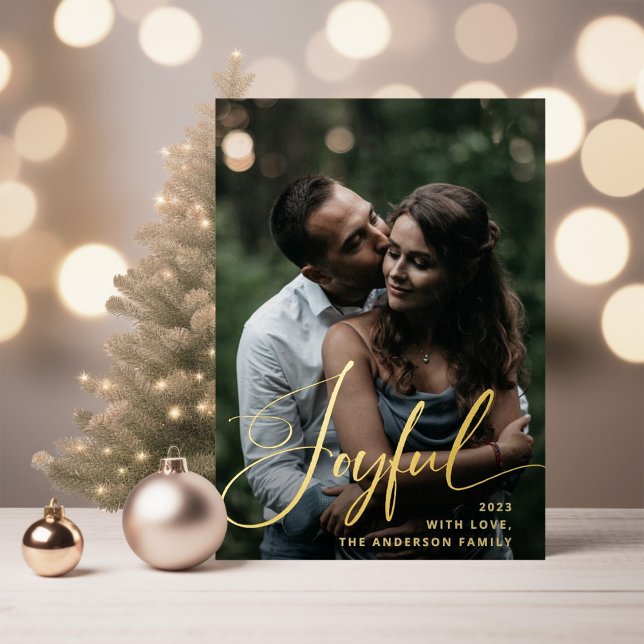 Joyful | Elegant Script and Photo Christmas (An elegant Christmas photo card with elegant gold foil script that says Joyful)