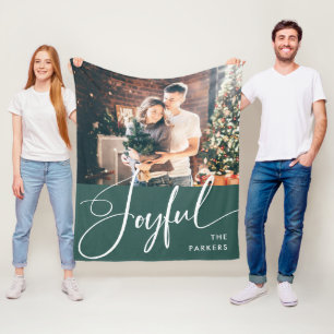Joyful   Elegant Script and Photo Christmas Fleece Blanket