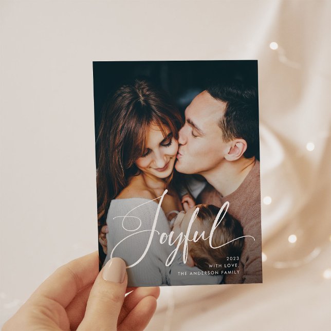 Joyful | Elegant Script and Photo Christmas Holiday Postcard (A stunning holiday postcard with your personal photo and elegant calligraphy)