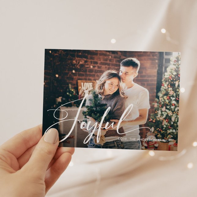 Joyful | Elegant Script and Photo Christmas Holiday Postcard (A beautiful holiday postcard with your favorite personal photo and elegant calligraphy)