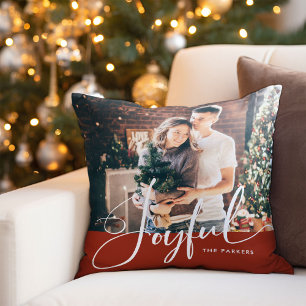 Joyful   Elegant Script and Photo Christmas Red Cushion