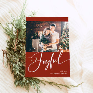 Joyful   Elegant Script and Two Photos Christmas Holiday Card