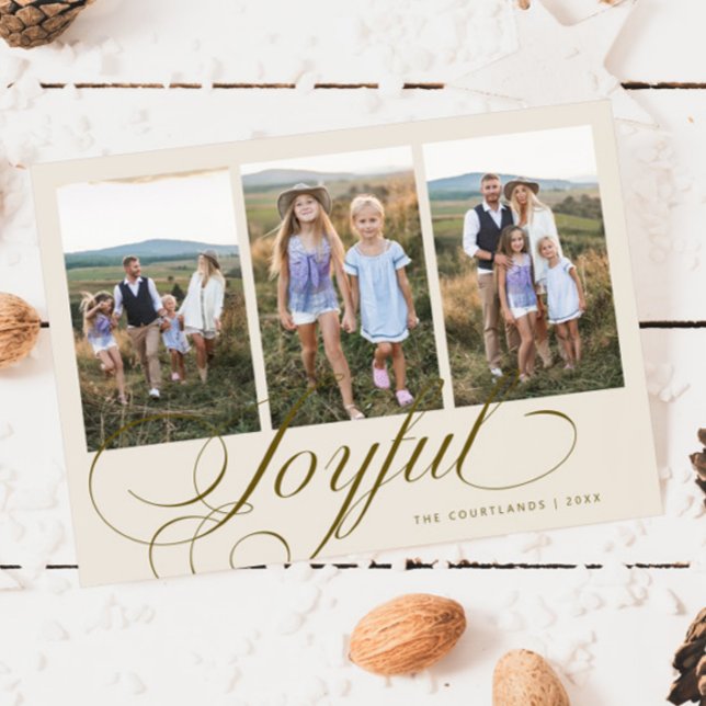Joyful Elegant Script Cream Multi Photo Holiday Card (Creator Uploaded)