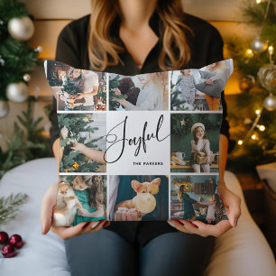 Joyful   Elegant Script Multi Photo Christmas Cushion