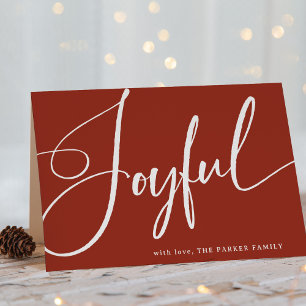 Joyful   Elegant Script on Red Holiday Card