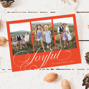 Joyful Elegant Script Retro Red Photo Holiday Card