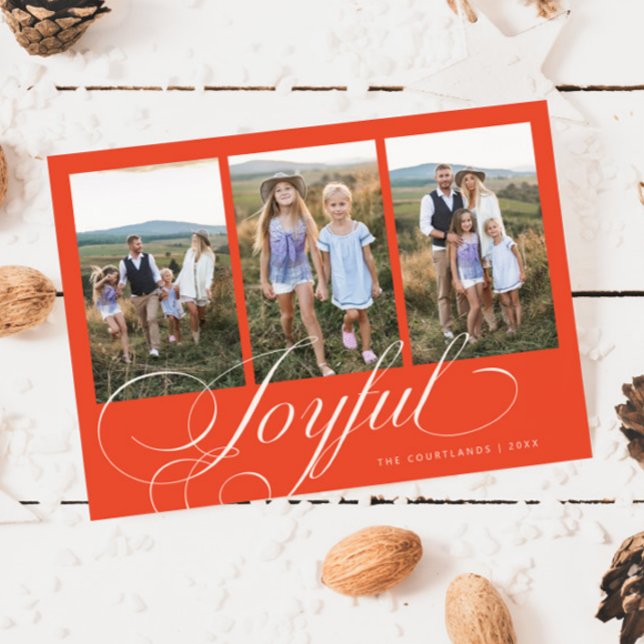 Joyful Elegant Script Retro Red Photo Holiday Card (Creator Uploaded)