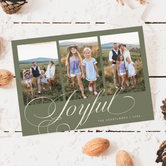 Joyful Elegant Script Sage Green Photo Holiday Card (Creator Uploaded)