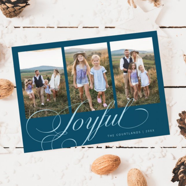 Joyful Elegant Script Teal Multi Photo Holiday Card (Creator Uploaded)
