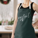 Joyful Elegant White Calligraphy Dark Green Apron<br><div class="desc">Joyful Elegant White Calligraphy Dark Green with white straps.</div>