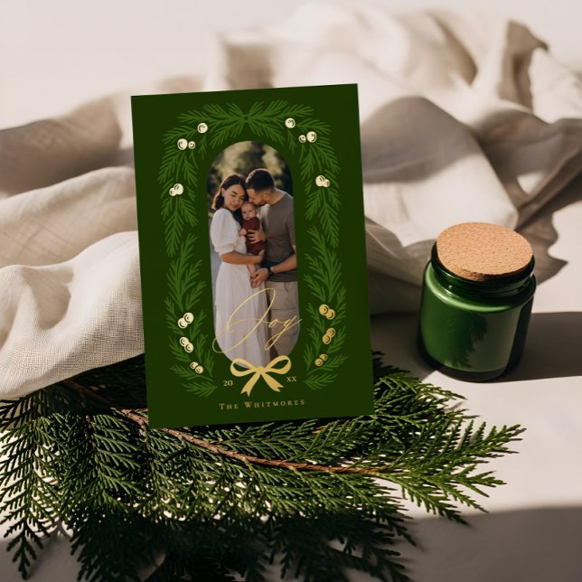 Joyful Elegant Winter Pine Tree Wreath Photo Frame (Joyful Elegant Winter Pine Tree Wreath Photo Frame Foil Holiday Card)