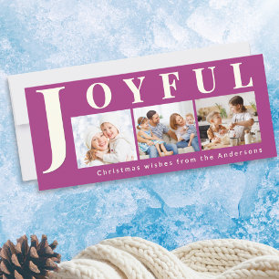 Joyful Family 3 Photo Collage Magenta Christmas Holiday Card