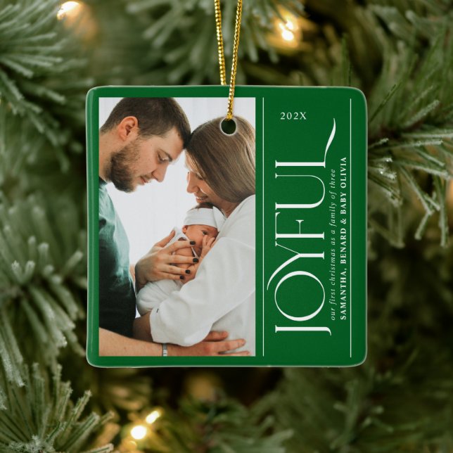 Joyful Family of Three Pregnancy Photo Ceramic Ceramic Ornament (Tree)