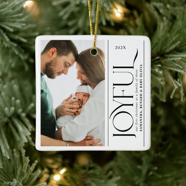 Joyful Family of Three Pregnancy Photo Ceramic Ornament (Tree)