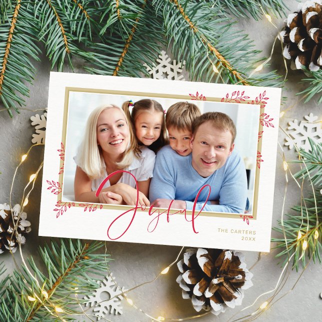 JOYFUL FAMILY PHOTO elegant botanical red gold Holiday Card (Creator Uploaded)