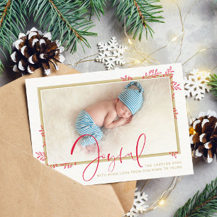 JOYFUL FAMILY PHOTO elegant foliage red gold Holiday Card