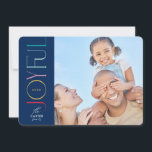 JOYFUL FAMILY PHOTO modern elegant blue colourful Holiday Card<br><div class="desc">by kat massard >>> WWW.SIMPLYSWEETPAPERIE.COM <<< An elegant card design featuring the quote "JOYFUL" with combined elegant script type with serif typography,  and fun pattern on the backside,  giving you the opportunity to handwrite a personal message. With trendy edged square shaped photo on the front for your favourite photo!</div>