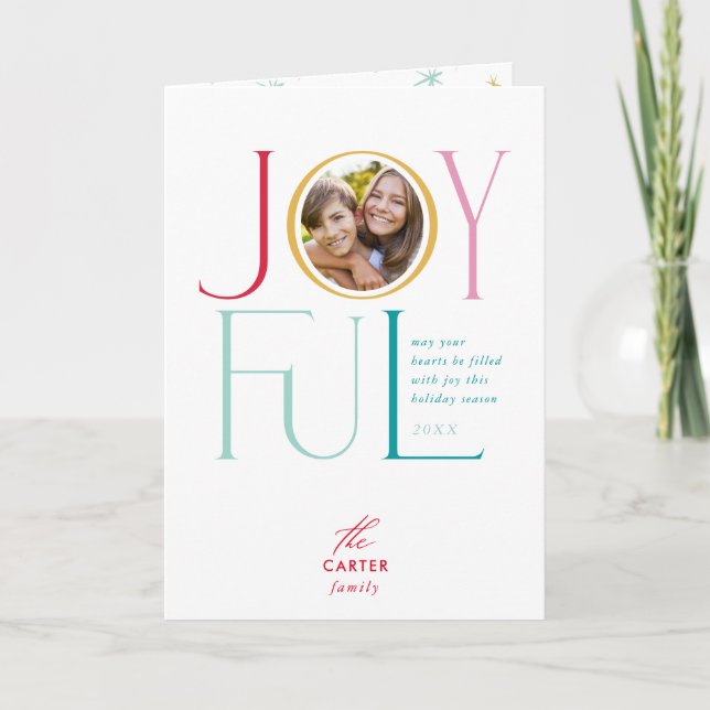 JOYFUL FAMILY PHOTO modern elegant icon colourful Holiday Card (Front)