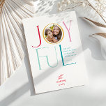 JOYFUL FAMILY PHOTO modern elegant icon colourful Holiday Card<br><div class="desc">by kat massard >>> WWW.SIMPLYSWEETPAPERIE.COM <<< An elegant card design featuring the quote "JOYFUL" with combined elegant script type with serif typography,  and plain colour on the backside,  giving you the opportunity to handwrite a personal message. With trendy edged square shaped photo on the front for your favourite photo!</div>