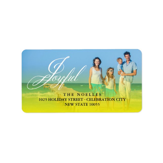 Joyful Fancy Script Holiday Photo Address Labels (Front)