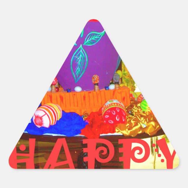 Joyful Festive Springtime Easter Colourful Eggs Ar Triangle Sticker (Front)