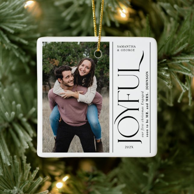 Joyful First Christmas Engaged Couples Photo Ceramic Ornament (Tree)