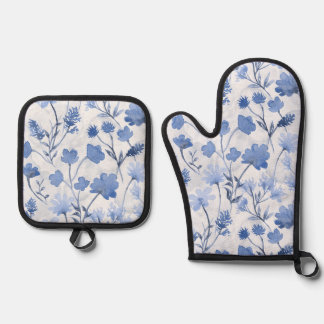Joyful Flora Oven Mitt & Pot Holder Set - Indigo
