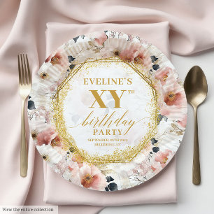 Joyful Floral Dusty Pink Birthday Paper Plates