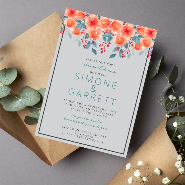 Joyful Floral Orange and Teal Rehearsal Dinner Invitation (Creator Uploaded)