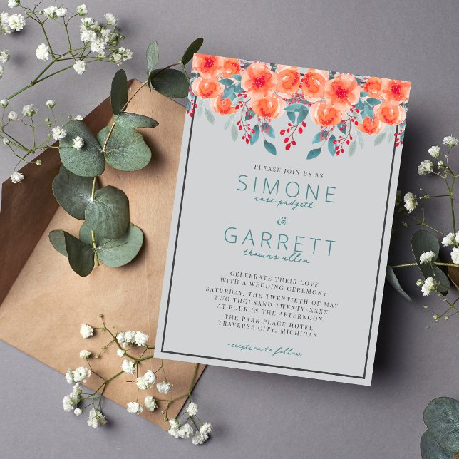Joyful Floral Orange and Teal Wedding Invitation (Creator Uploaded)