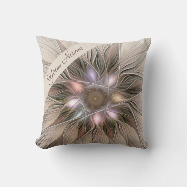 Joyful Flower Abstract Art Beige Brown Floral Name Cushion (Front)