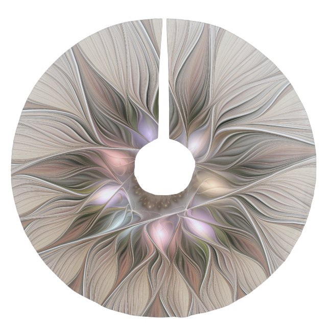 Joyful Flower Abstract Beige Brown Floral Fractal Brushed Polyester Tree Skirt (Front)