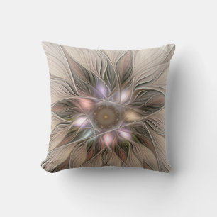 Joyful Flower Abstract Beige Brown Floral Fractal Cushion