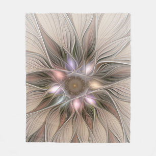 Joyful Flower Abstract Beige Brown Floral Fractal Fleece Blanket