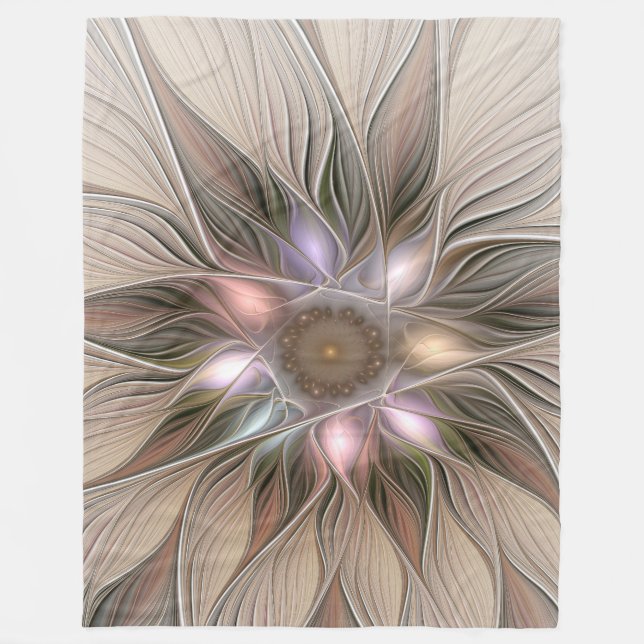 Joyful Flower Abstract Beige Brown Floral Fractal Fleece Blanket (Front)