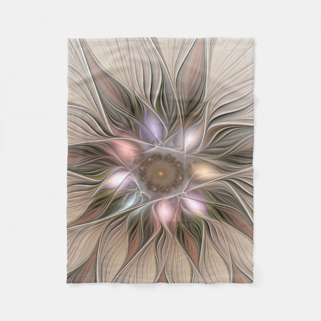 Joyful Flower Abstract Beige Brown Floral Fractal Fleece Blanket (Front)