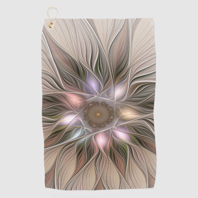 Joyful Flower Abstract Beige Brown Floral Fractal Golf Towel (Front)