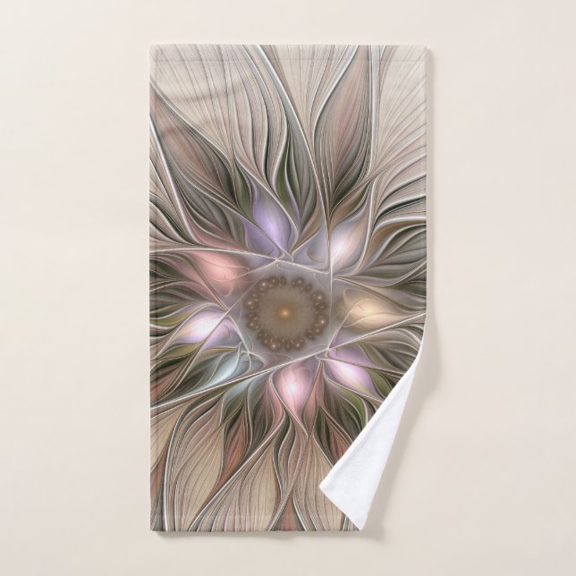 Joyful Flower Abstract Beige Brown Floral Fractal Hand Towel (Hand Towel)
