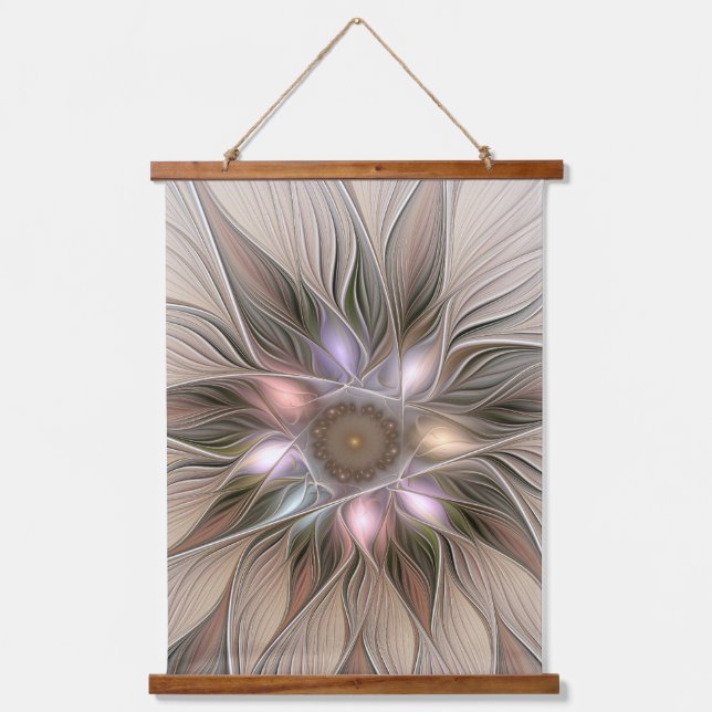 Joyful Flower Abstract Beige Brown Floral Fractal Hanging Tapestry (Front)