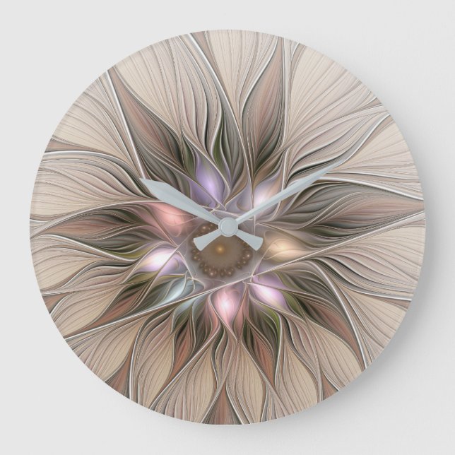 Joyful Flower Abstract Beige Brown Floral Fractal Large Clock (Front)