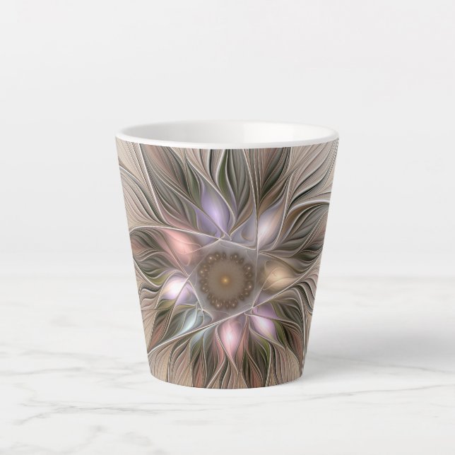 Joyful Flower Abstract Beige Brown Floral Fractal Latte Mug (Front)