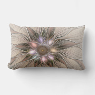 Joyful Flower Abstract Beige Brown Floral Fractal Lumbar Cushion