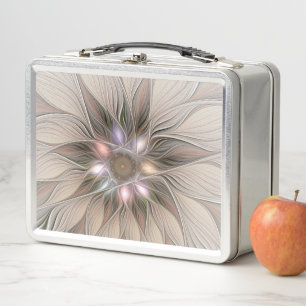 Joyful Flower Abstract Beige Brown Floral Fractal Metal Lunch Box