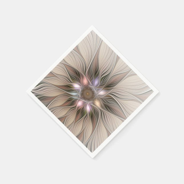 Joyful Flower Abstract Beige Brown Floral Fractal Napkin (Corner)