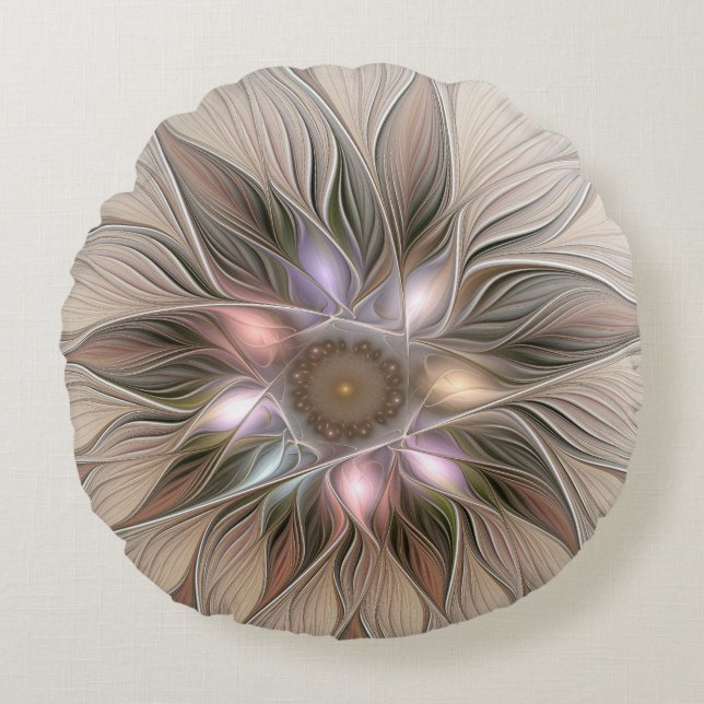 Joyful Flower Abstract Beige Brown Floral Fractal Round Cushion (Front)